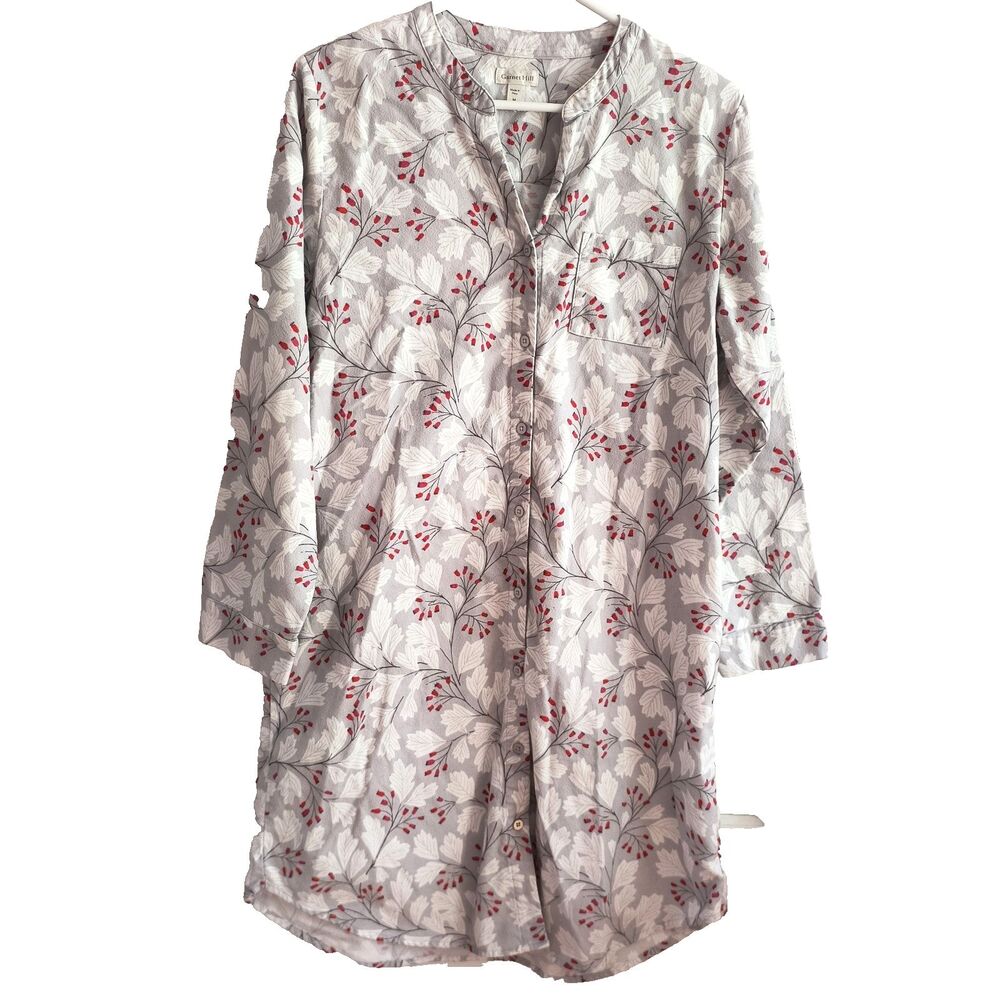 Garnet Hill Sleep Shirt Medium Berry Floral Organic Pima Cotton Flannel Gown